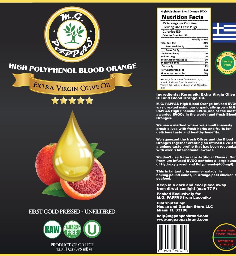 M.G. PAPPAS High Polyphenol Blood Orange Infused Olive Oil Extra Virgin