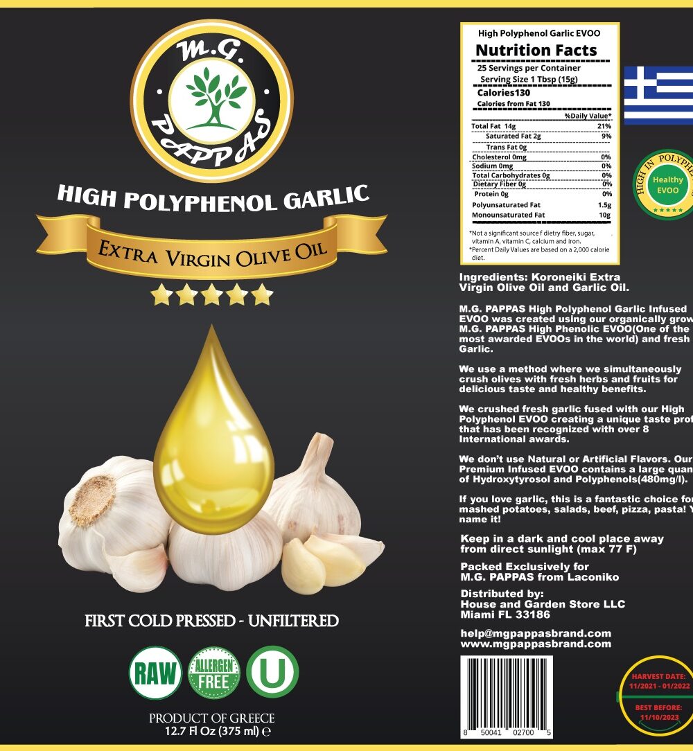 M.G. PAPPAS High Polyphenol Garlic Infused Olive Oil Extra Virgin