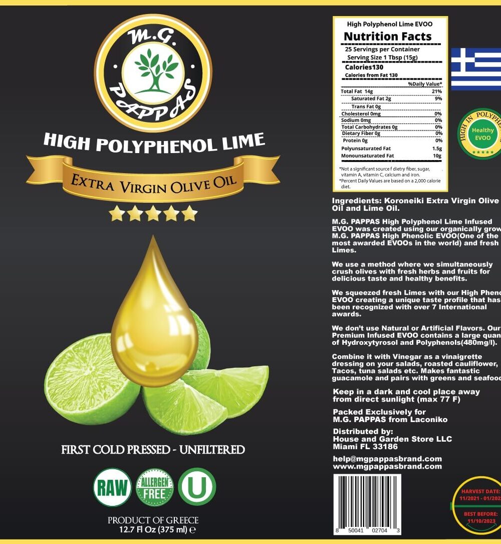 M.G. PAPPAS High Polyphenol Lime Infused Olive Oil Extra Virgin