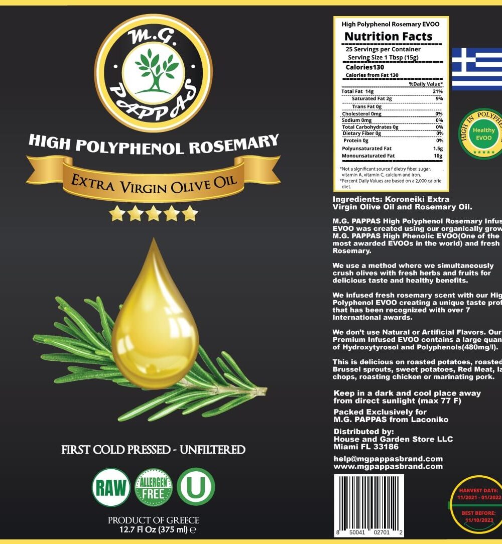 M.G. PAPPAS High Polyphenol Rosemary Infused Olive Oil Extra Virgin